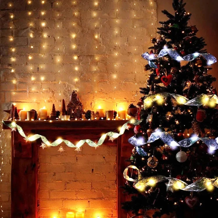 1/2/5/10M Christmas Tree Ribbon Fairy Lights, Indoor DIY Bows String Light Battery Powered for Christmas Tree New Year Decor