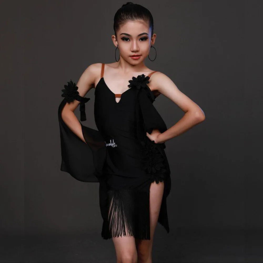 Girls Latin competition dress with fringe skirt