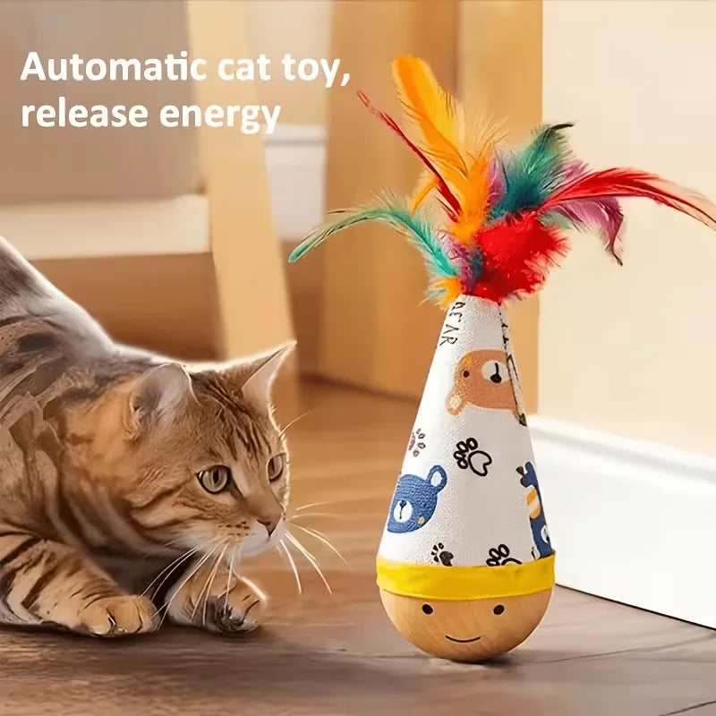 A cartoon-printed cat figurine doll toy. The sturdy wooden base provides a platform for the cat to exercise and play.
