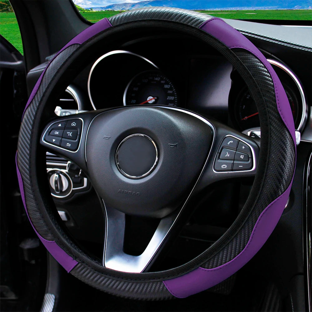 Carbon Fiber PU Leather Steering Wheel Cover – Universal Fit 14.5–15 Inch | Anti-Slip Car Interior Accessory