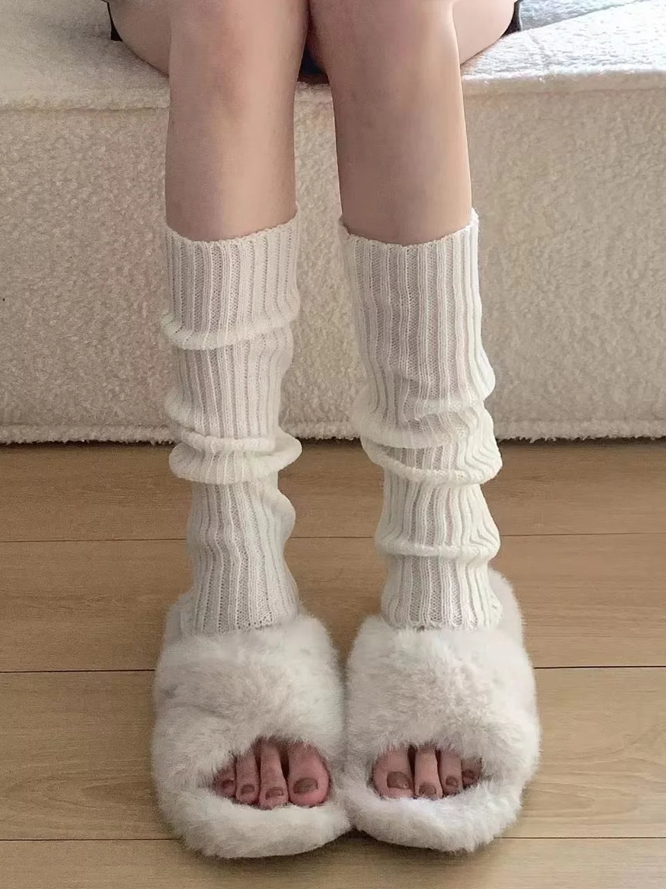 Women's White Knit Leg Warmers with Bow - Thick Winter Boot Socks - photo 3