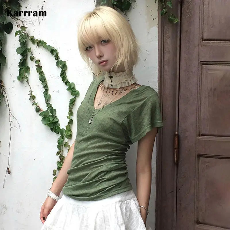 Karrram Japanese Y2k Green Knitted T-shirt Trashy 2000s Style V-neck Top Vintage Harajuku Short Sleeve Tee Shirt American Retro