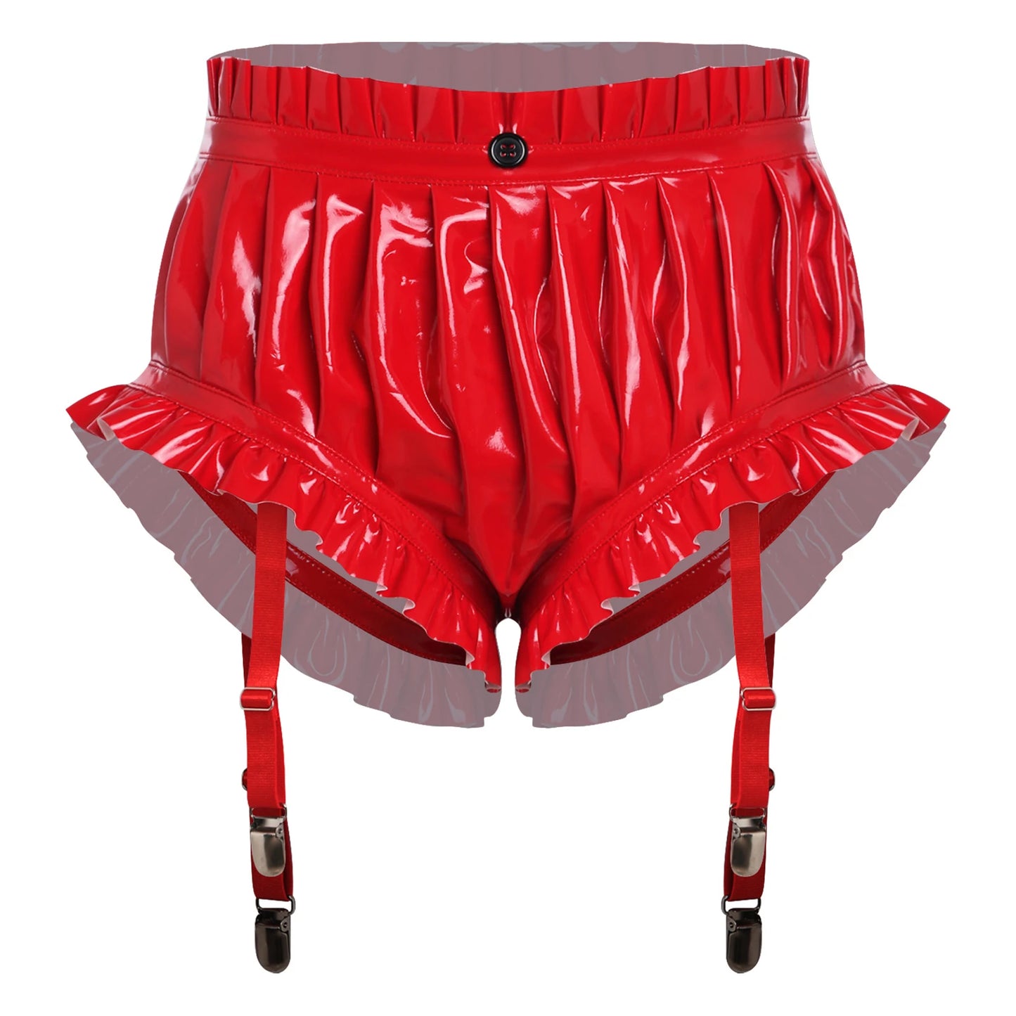 Womens Wet Look Lingerie Latex Shorts Patent Leather Ruffle Trim with Garter Clips Ruched Bloomer Shorts Glossy Rave Clubwear