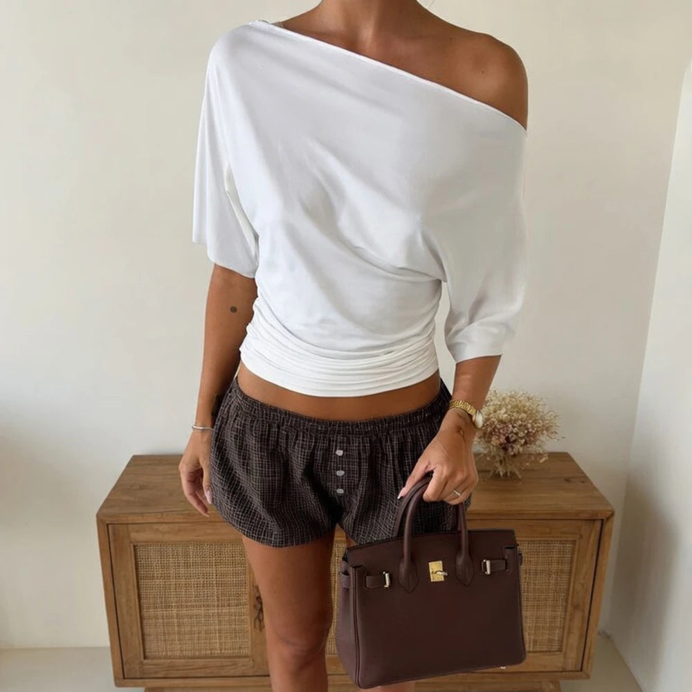 Women's One Shoulder Slim Crop Top – Short Sleeve Y2K Streetwear Tee