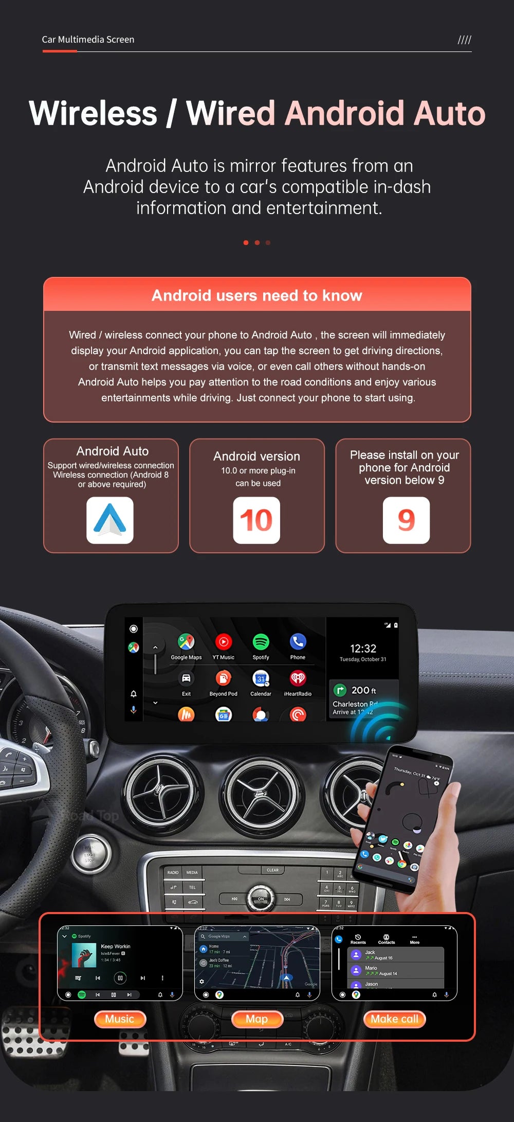 RoadTop Wireless CarPlay Android Auto Car Multimedia Display For Mercedes-Benz CLA GLA A Class W176 2026-2026 NTG5.0 TouchScreen