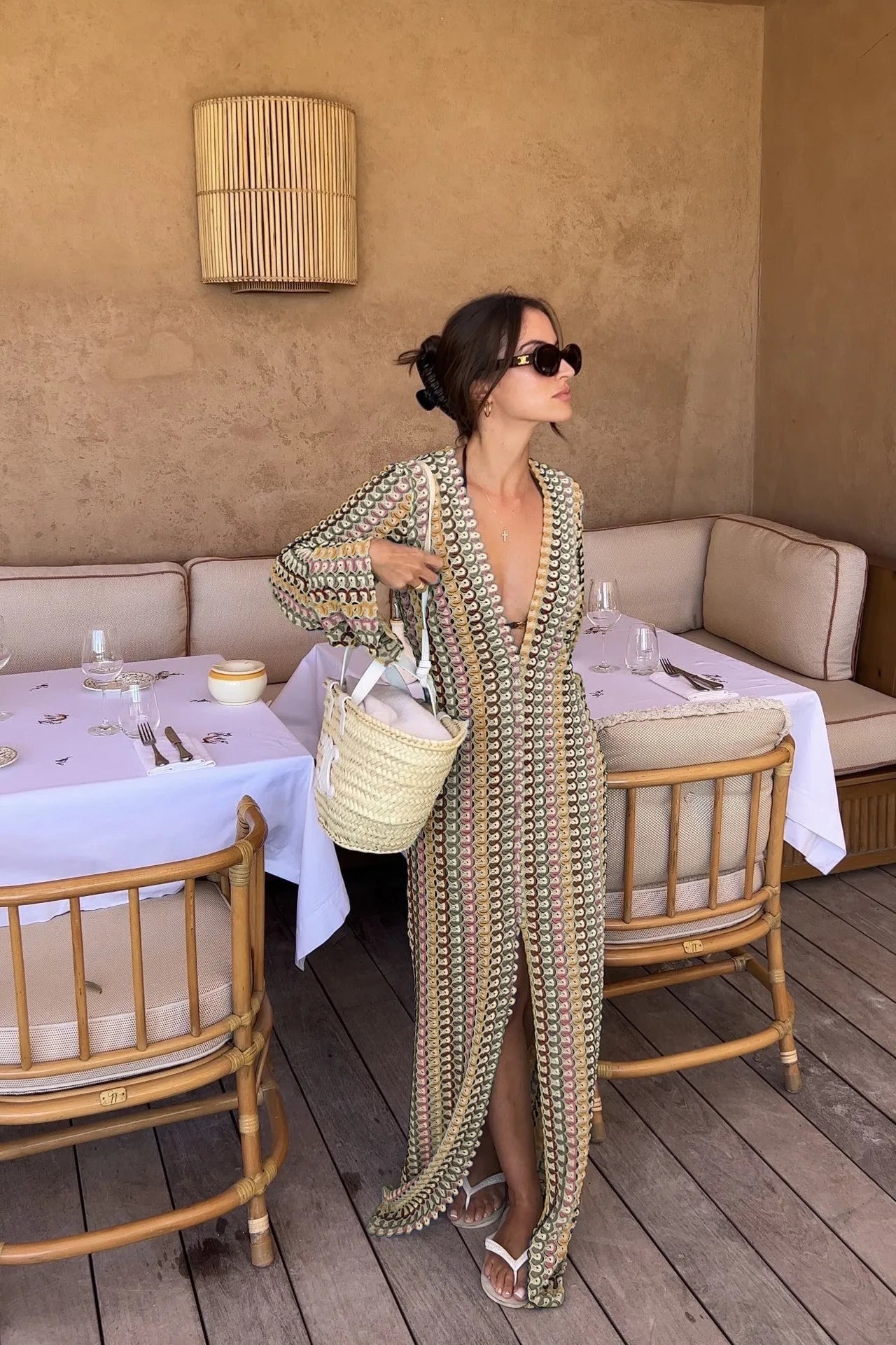 Crochet Colorful Stripe Flare Sleeve Maxi Dress Women V-neck High Split Sexy Lace Long Dresses 2026 New Beach Banquet Vestidos