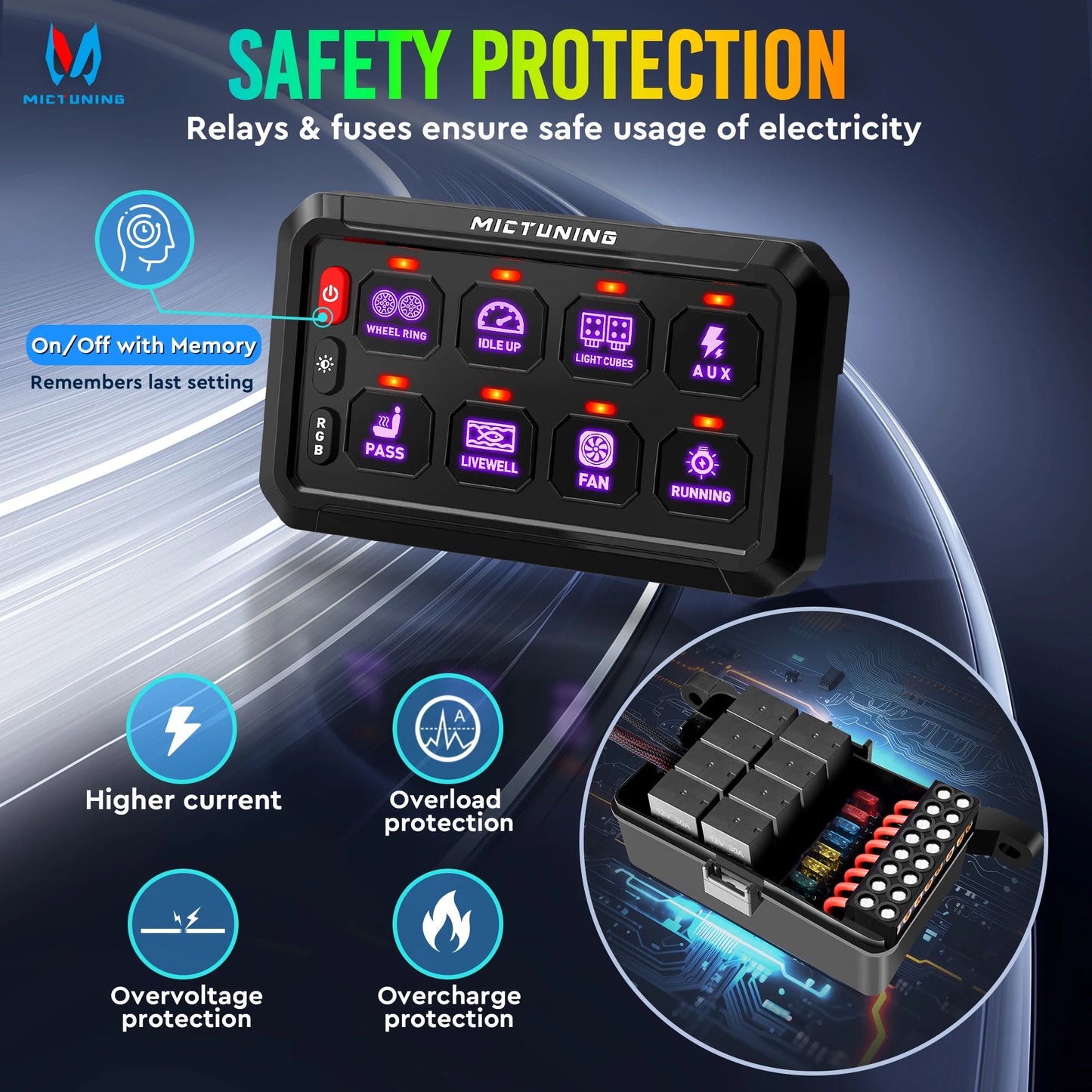 MICTUNING P1S-R 6/8 Gang Switch Panel RGB Colors Adjustable Brightness Switch Momentary Circuit Control Relay System Box For SUV