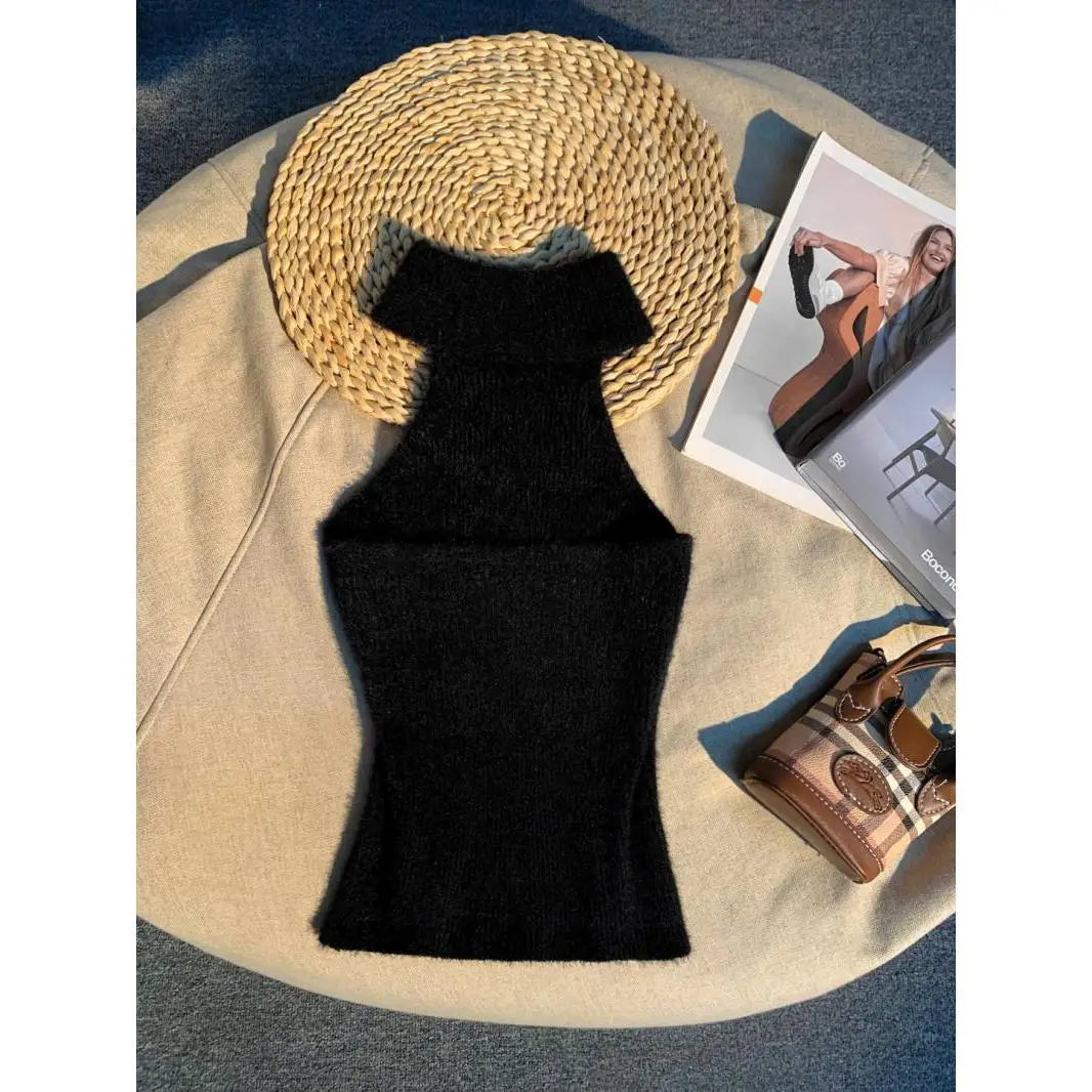 Spice Girl Hair Halter Neck Camisole Female Imitation Mink Inside Tank Top  Autumn and Winter Design Sense Knitted Bandeau Top