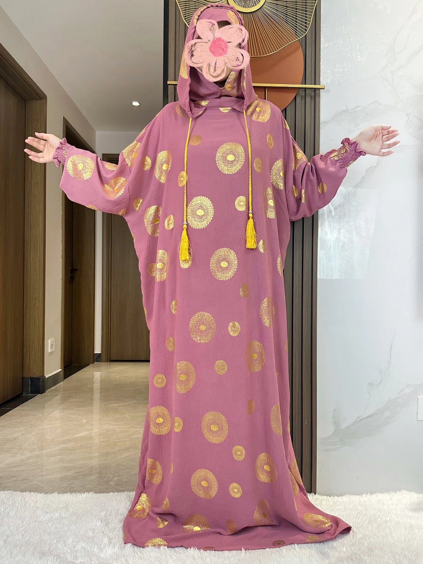 Women's Cotton Embroidered Abaya Kaftan – Gold Dust Shimmer, Loose Fit, All-Season Muslim Dress