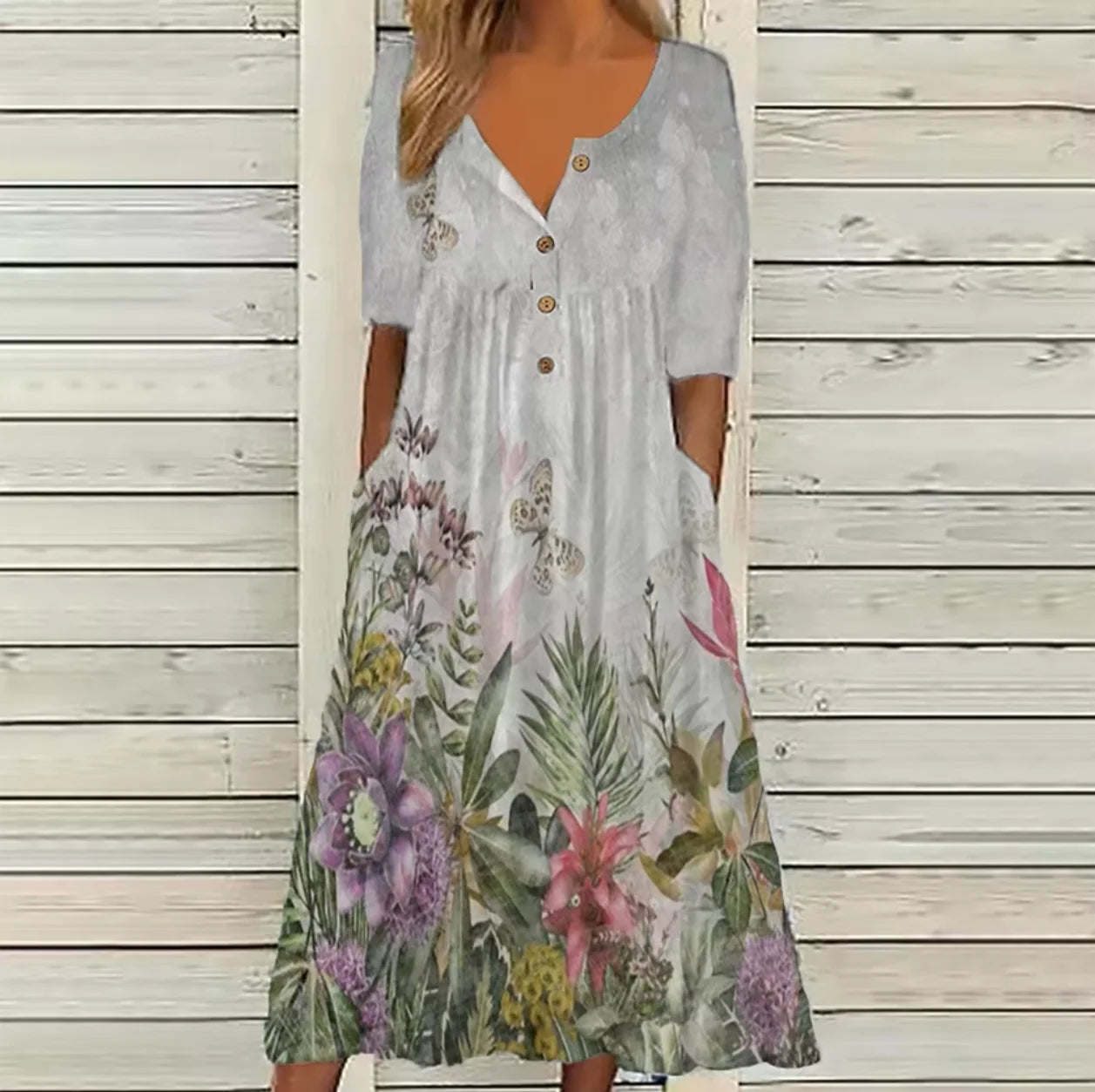 2026 New European & American Women's Spring Trendy Printed V-Neck Button Short-Sleeve Maxi Dress