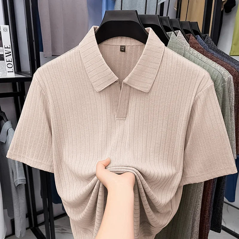 Men's Ribbed Lapel Polo - Soft Stretch, All-Season Casual