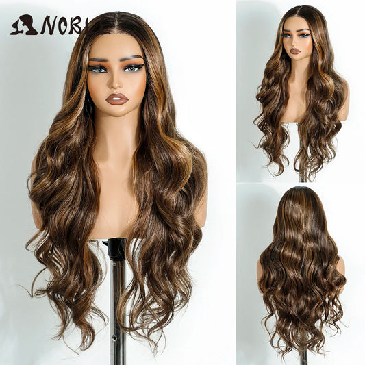 Noble Synthetic Lace Front Wigs For Woman Long Body Wave Wear and Go Glueless Wig Ombre Brown 6x4 Pre Plucked Pre Cut Lace Wig