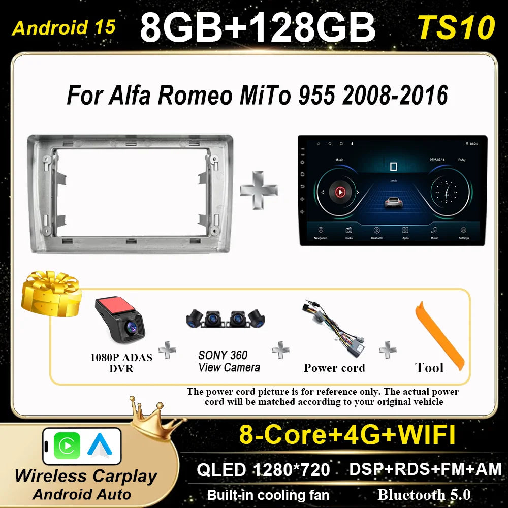 Android 15 Car Radio Stereo For Alfa Romeo MiTo 955 2008-2016 Auto Cireless Carplay GPS Navigation Multimedia Video Player 2Din