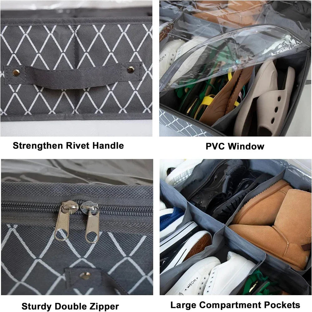 Under Bed Shoe Storage Organizer Fits 12 Pair Sneakers, Sturdy Structure Ultra Thick Fabic Sneaker Storage, Foldable Shoe Boxes