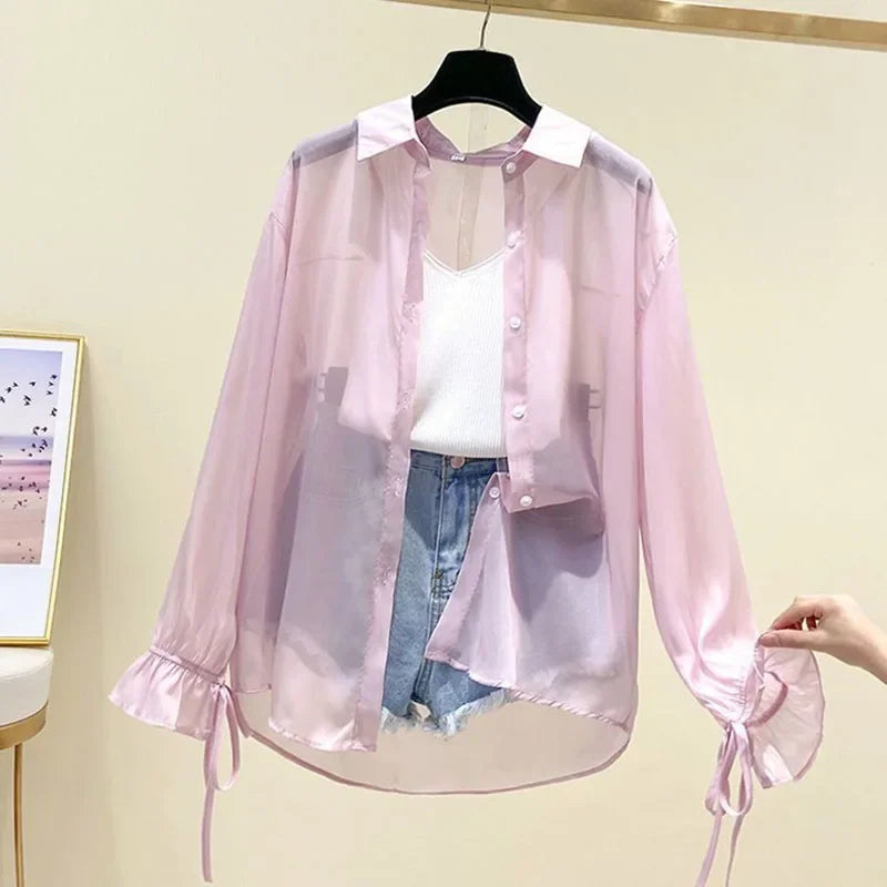 Women's Chiffon Button-Up Blouse — Bow Lace-Up Long-Sleeve Shirt