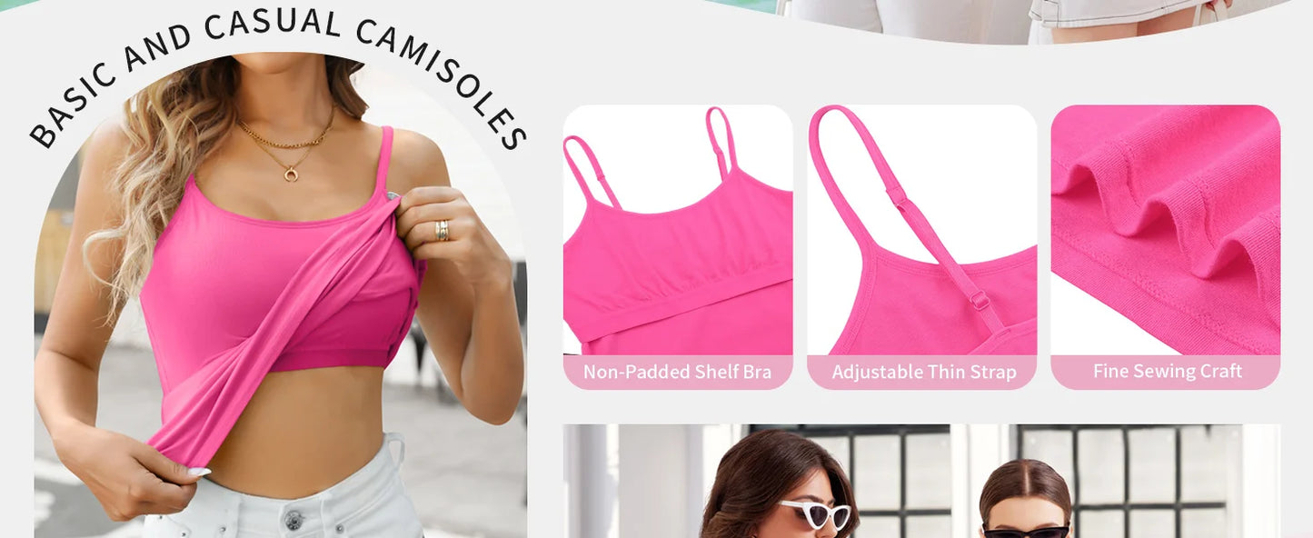 Anfilia Women Camisole 2PCS Solid Adjustable Spaghetti Straps with Shelf Bras 95% Cotton Soft Casual High Elastic Tank Tops
