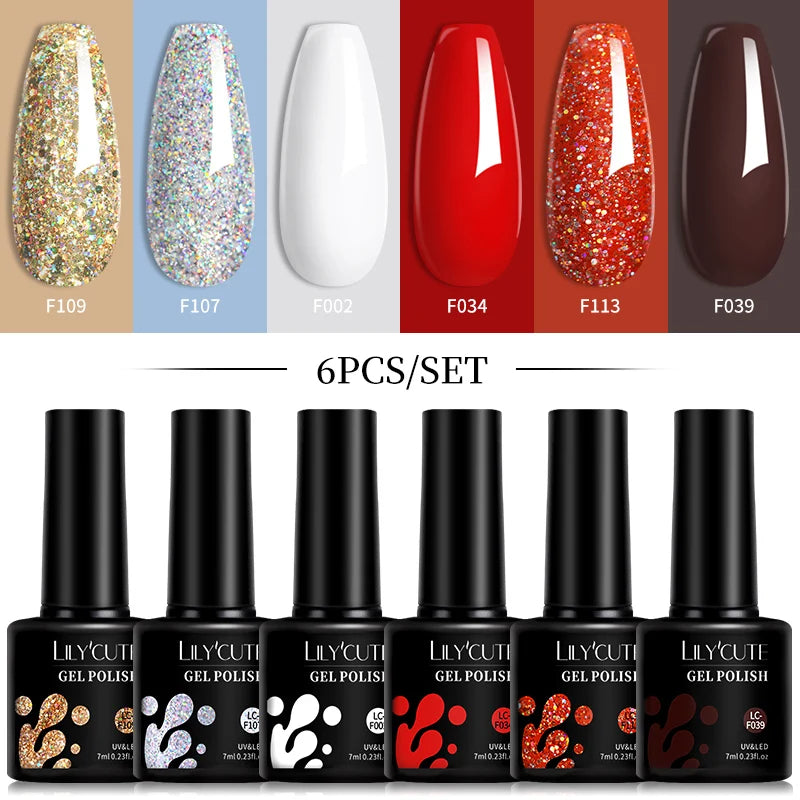 LILYCUTE 6Pcs 7ML Gel DIY Nails Polish Set Bright Pink Nail Charms Soak Off UV LED Gel Varnish Nail Art Design Accessories
