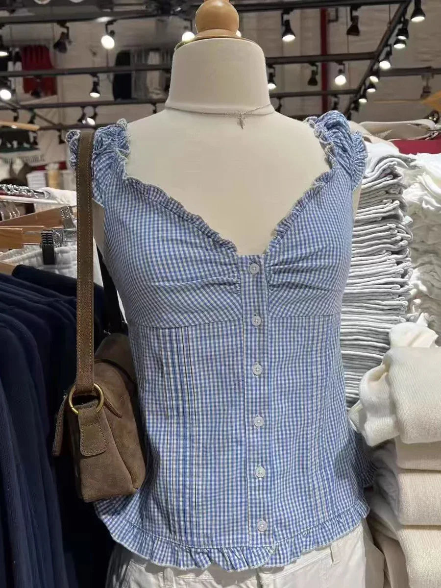 Ruffles White Basic Blouse Top for Woman Summer Folds Single Breasted Sleeveless Tank Tops Casual Cotton Vest Y2k Sweet Camisole
