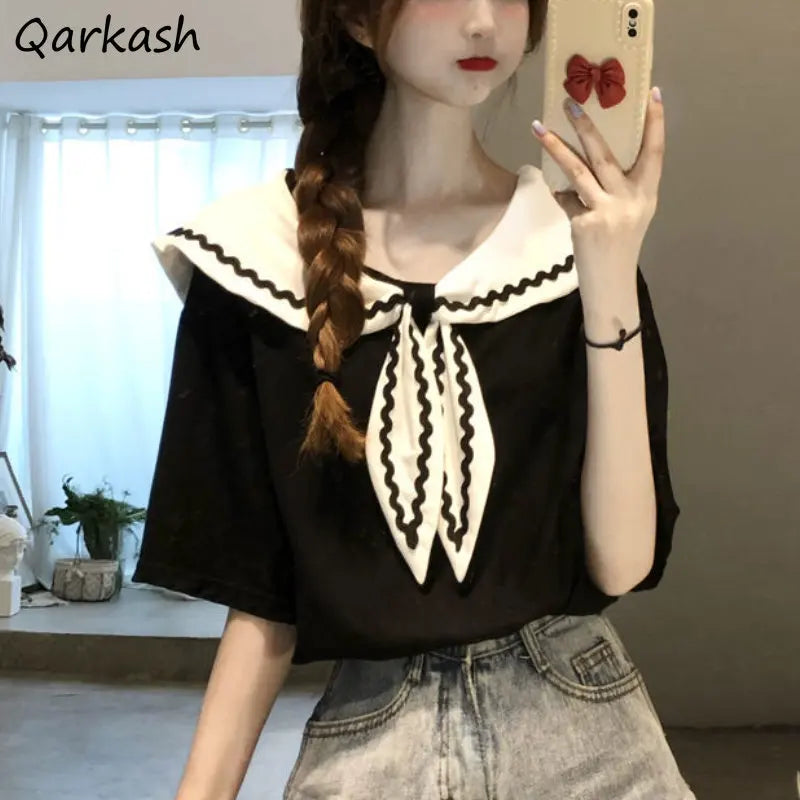 Sailor Collar T-shirts Women Baggy Kawaii Clothes Panelled Temper Designer Aesthetics Japanese Stylish Summer Vintage Футболка