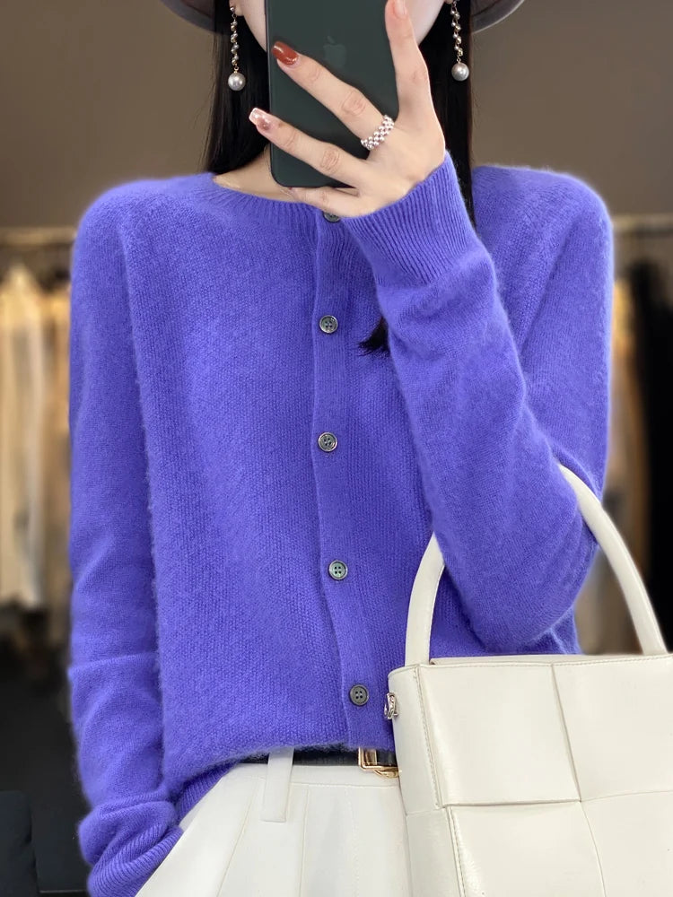 Women Cashmere Sweater 100% Merino Wool Knitted Cardigan Autumn Winter Knitwear O-Neck Female Solid Color Casual Fashion Top