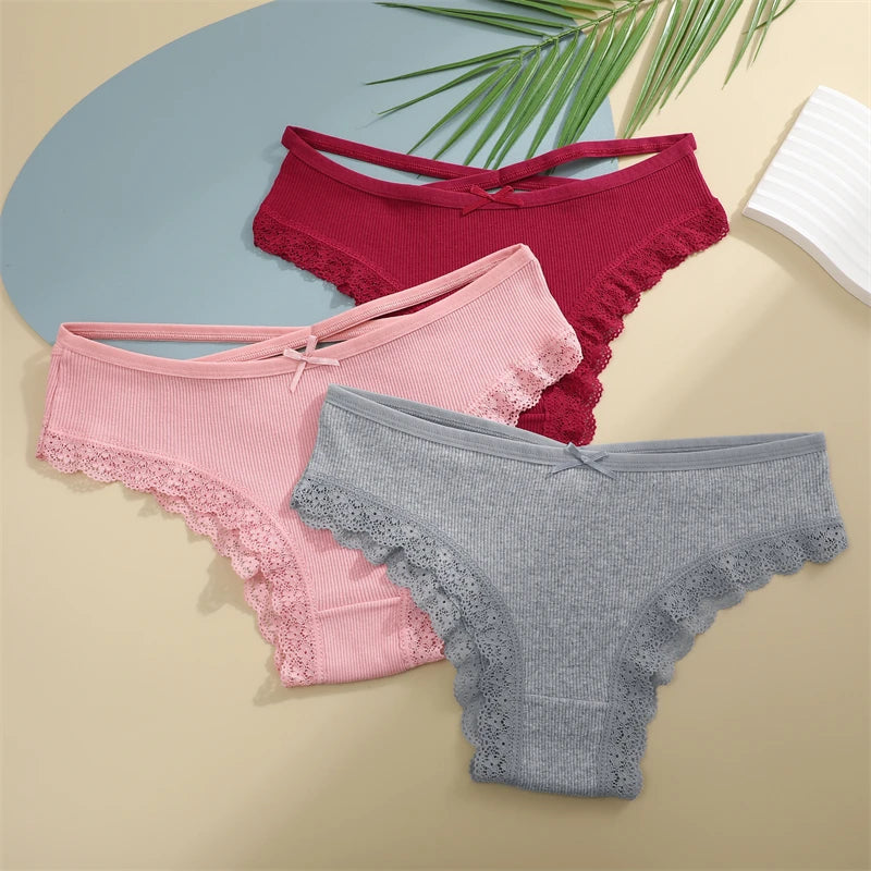 2PCS Cotton Panties for Women Sexy Lace Brazilian Briefs Female Low-Waist Cross Webbing Underpants Stretch Breathable Intimates