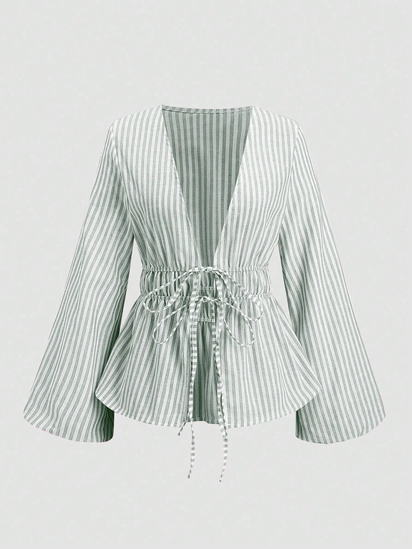 Striped Tie Bow Puff Sleeve Shirt