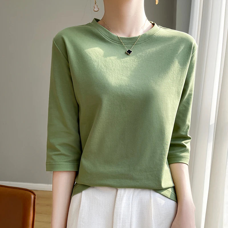 Women's Mercerized Cotton T-Shirt — Loose Round-Neck Half-Sleeve Top