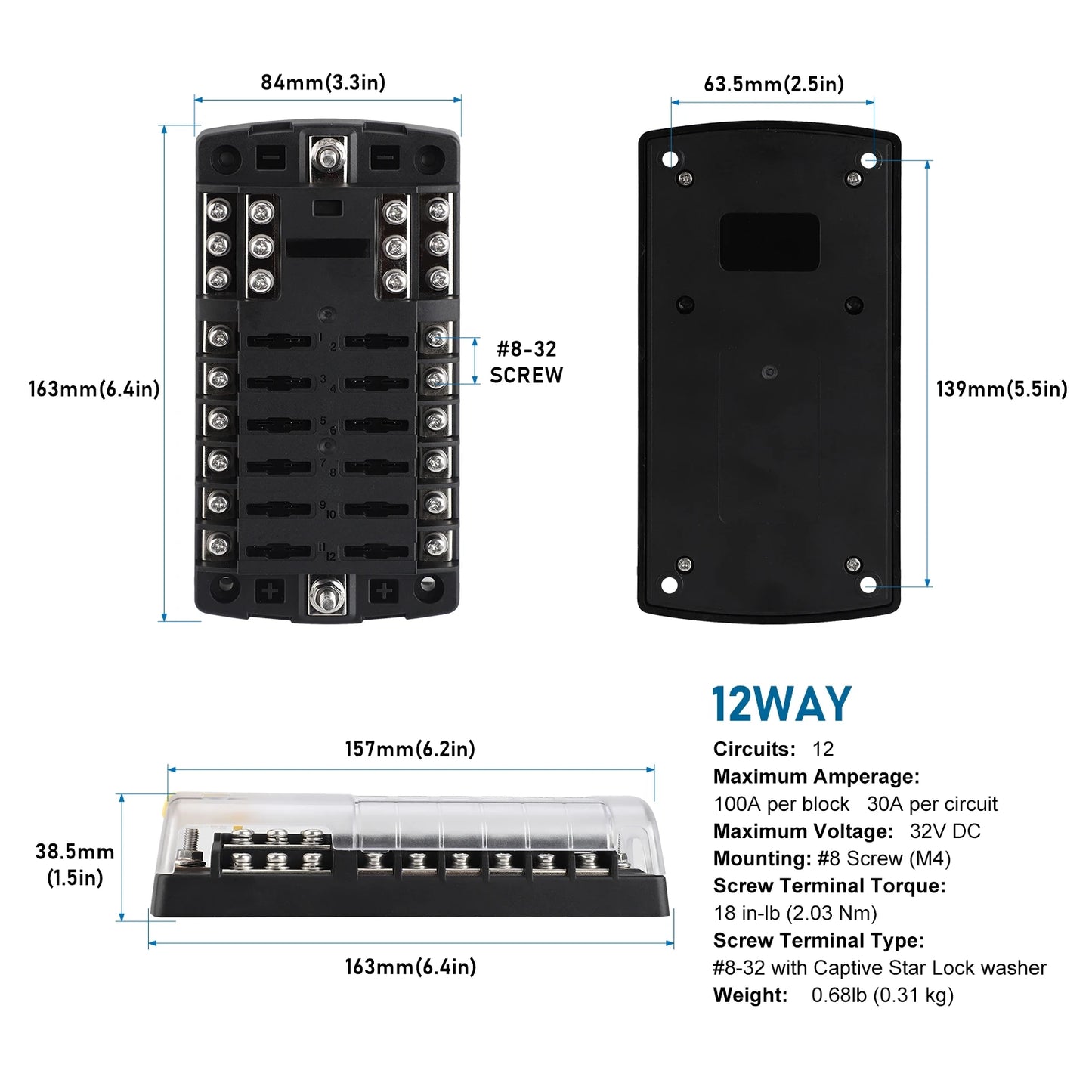 6/12 Way Car Boat Blade Fuse Box Block Holder LED Indicator 12V 32V Auto Marine Waterproof Power Distribution Panel Board