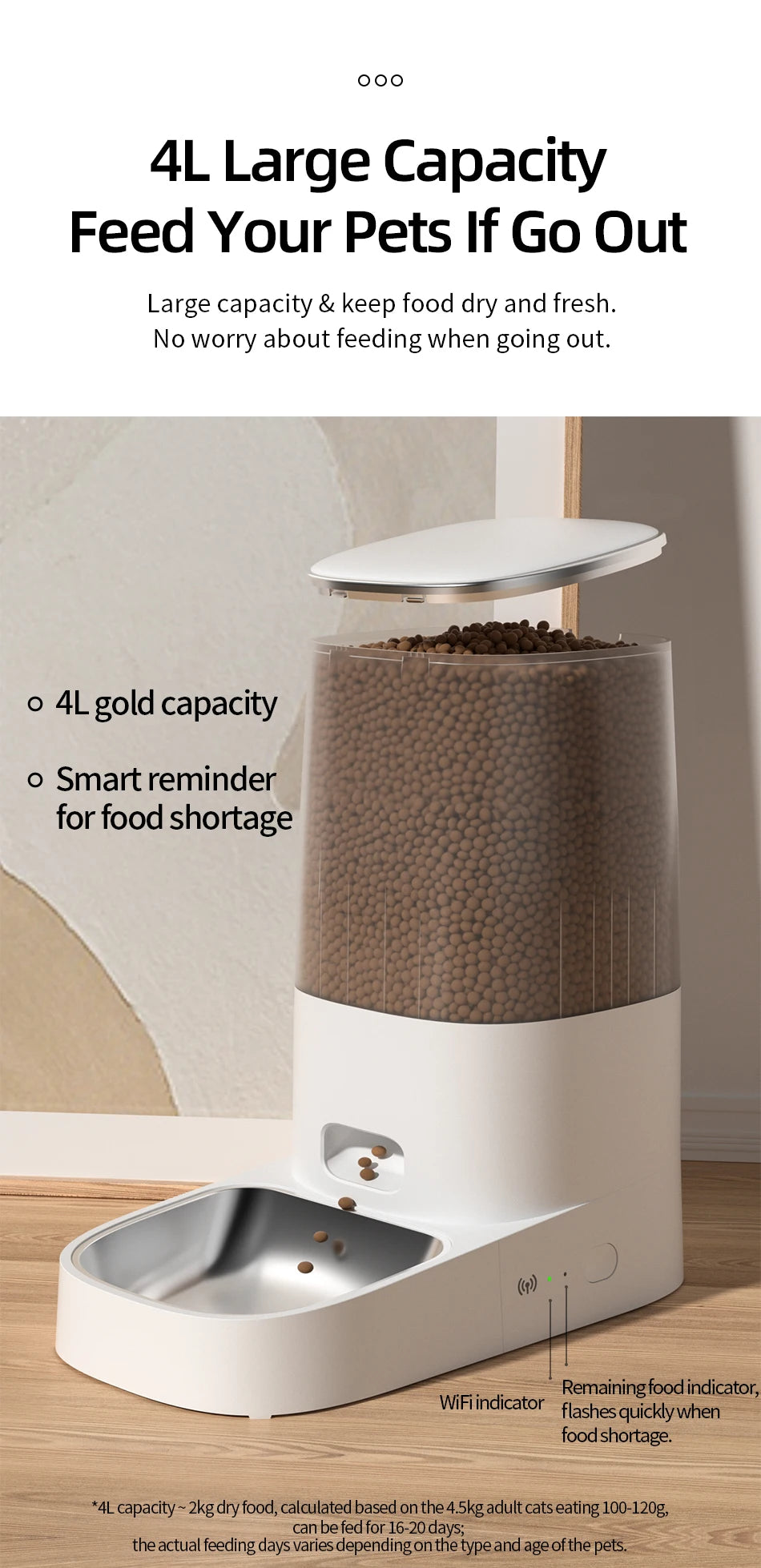 ROJECO Smart WiFi Automatic Cat Feeder – 4L Remote Control Kibble Dispenser for Cats & Dogs | Single & Dual Bowl