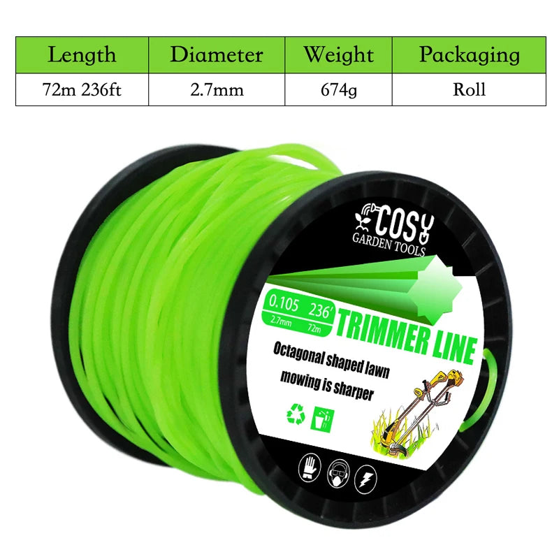 TSES 59m~130m Green String Trimmer Line Roll Durable Octagonal Shape Nylon Weed Whacker Line Strimmer Line Rope