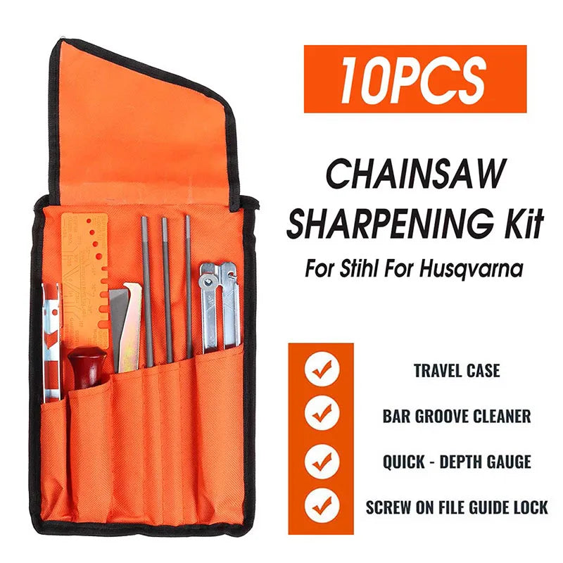 Chainsaw Chain Sharpening Kit — Round/Flat File Guide Bar Sharpener Set