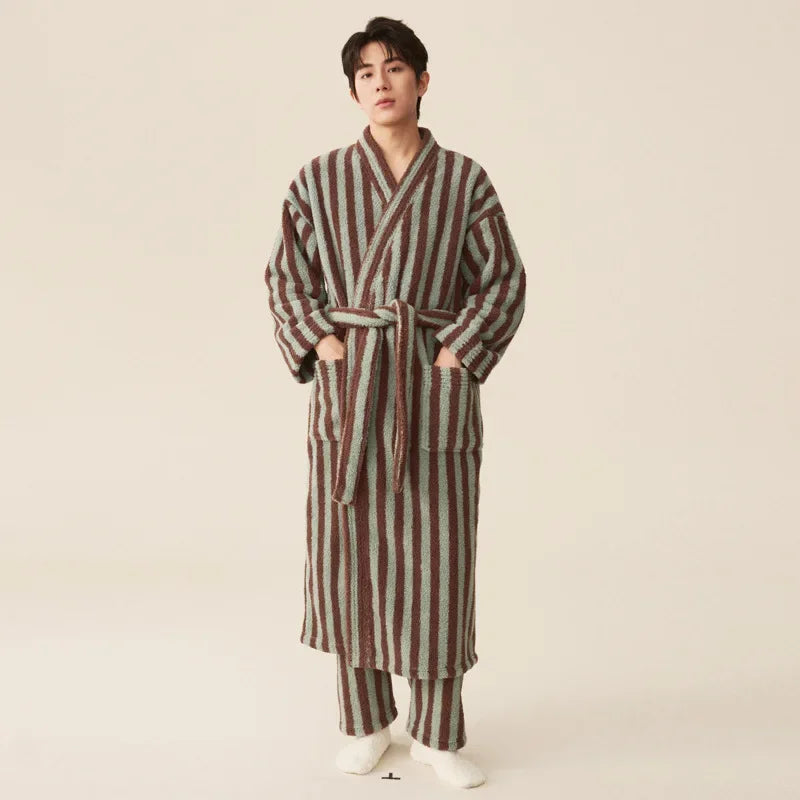 Striped Flannel Robe and Pants Set for Women and Men