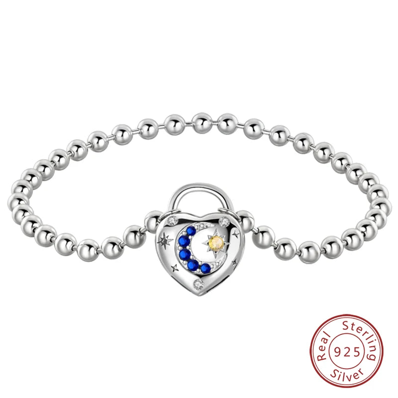 925 Sterling Silver Charm Bracelet – Star Moon Sun Four Leaf Clover Zircon | DIY Birthday Gift for Women (17-20cm)