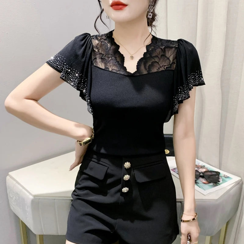 Women Casual Diamonds Lace T Shirts Summer 2026 Korean Fashion Y2k Clothes Slim V Neck Harajuku Sexy Ladies Streetwear Tops Tees