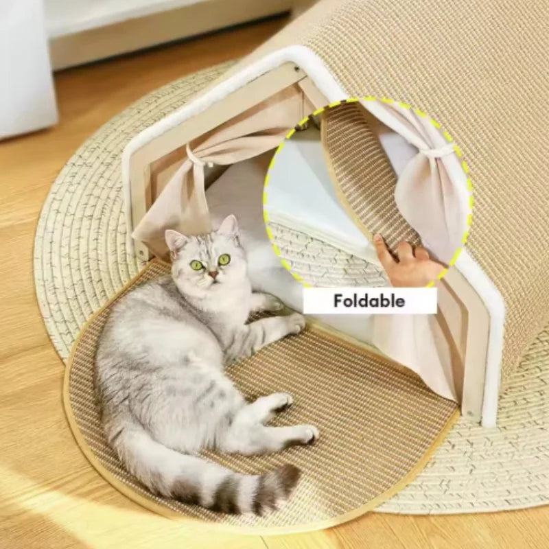 Cat Tent Villa Pet Bed Cozy Half-Enclosed Wooden Cat Bed All-Season Dual-Use Durable No Scraps Drop Cat House for Cats Kittens