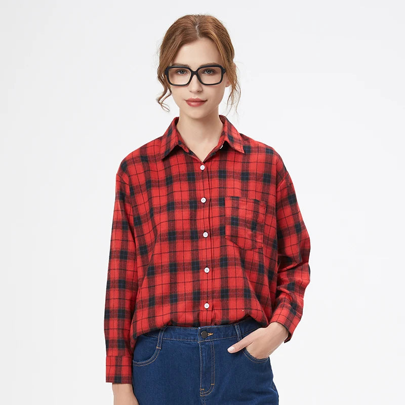 Women's Plaid Long Sleeve Shirt - Loose Casual Button-Up Blouse - photo 28