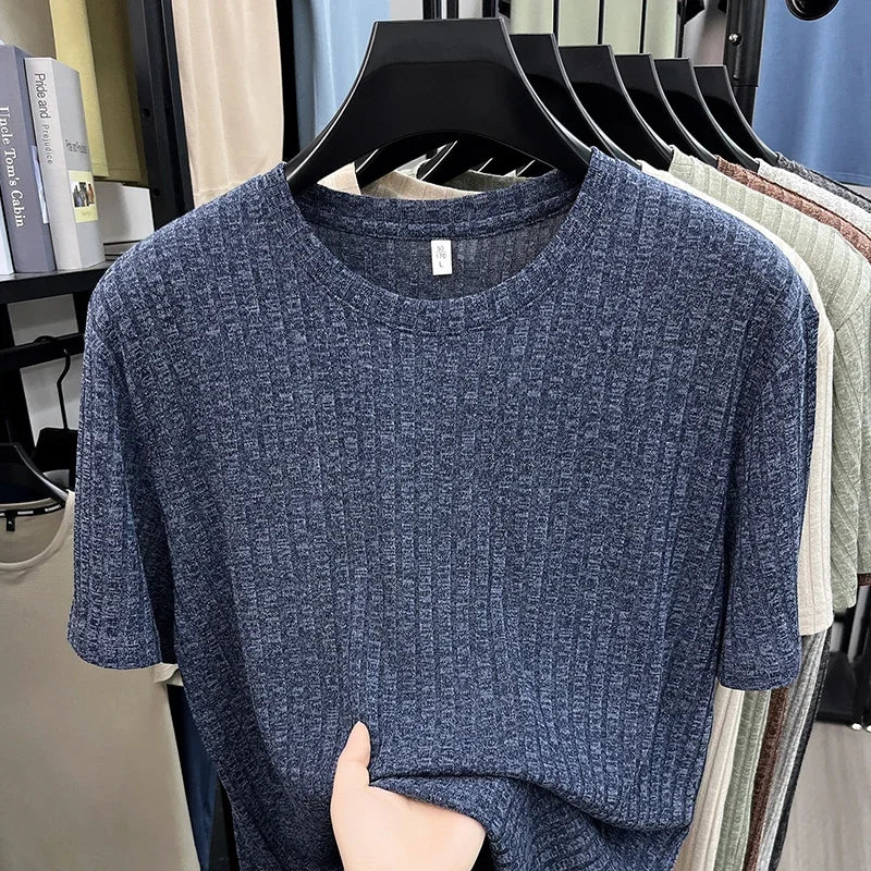 Men's Ribbed Knit Tee - O-Neck Stripe, Lightweight Breathable