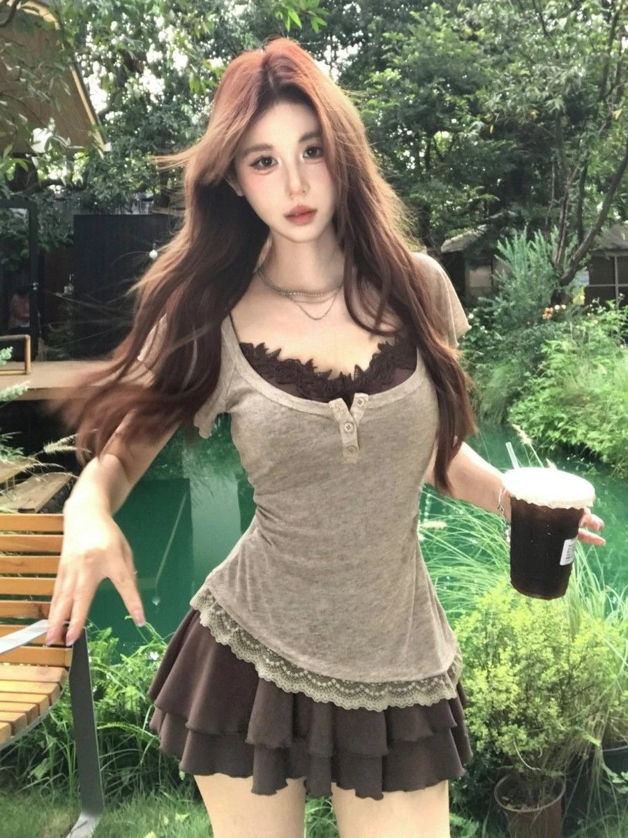 American Retro Two Piece Sets Women Gray Short Sleeve Henley Tops + Layered Ruffle Mini Skirts Harajuku Summer Lace Trim Outfits