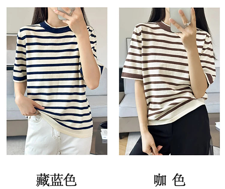 Summer new 100% pure cotton knitted short sleeved casual women's T-shirt round neck loose Tees striped pullover Tops cool