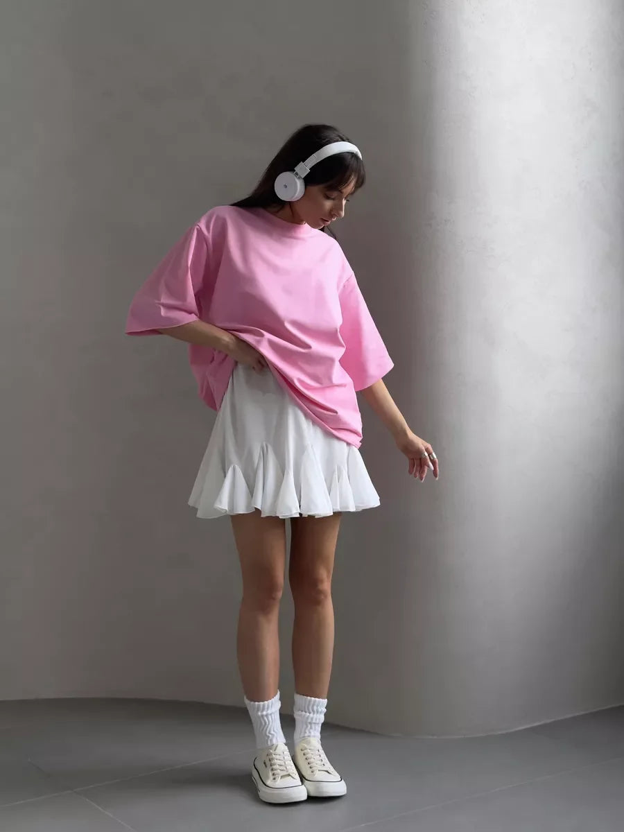 Hirsionsan Summer Casual Oversized T-shirts Women 100% Cotton Pink Loose Tees 2026 New Cusual Solid O Neck Female Aesthetic Tops