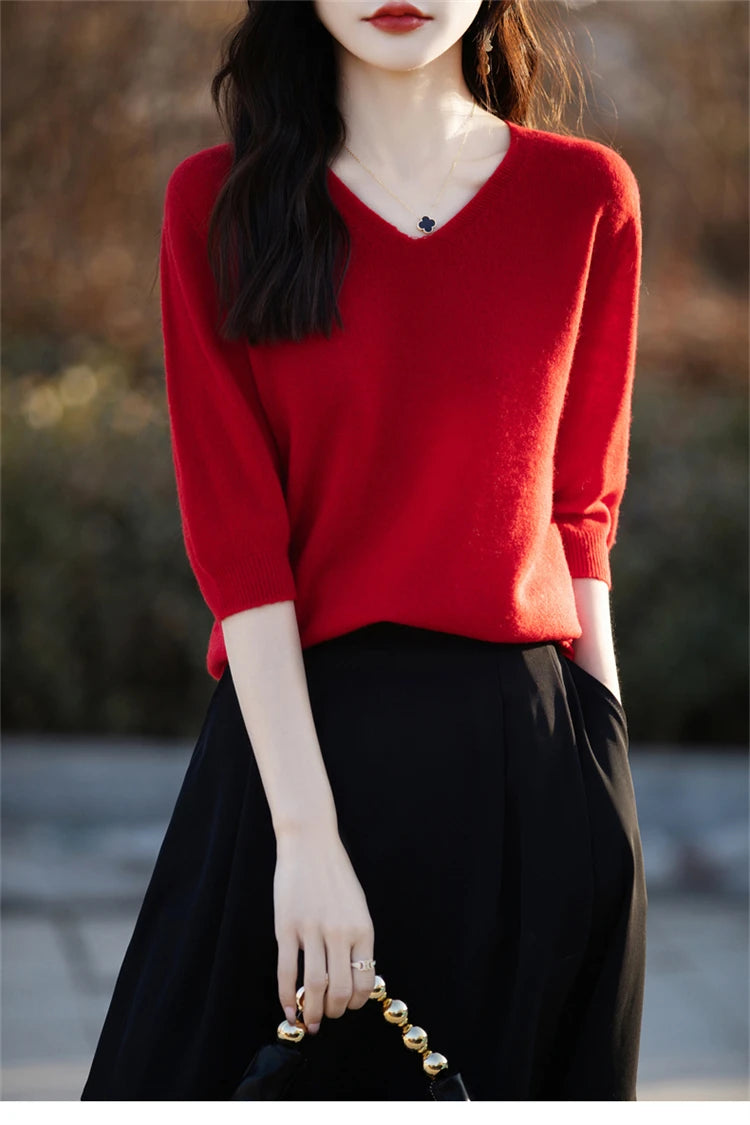 RONGYI Spring/Summer 2026 Ladies Sweater Pullover Solid Color V-neck Half-sleeved Knitted Cashmere Sweater Thin Casual Top