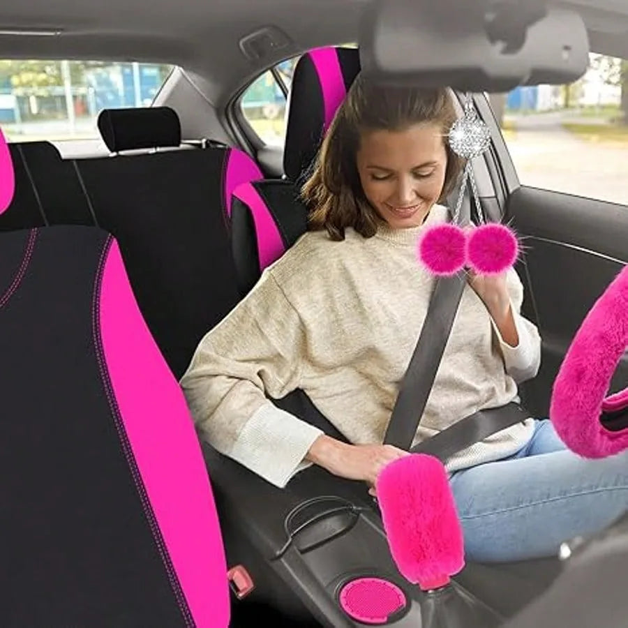 17pcs Car Seat Cover Full Set for Women Universal Fit Car Front Rear Fluffy Steering Wheel Fleece Handbrake Shift Covers Hanging Accessory Holder Ring Emblem (Rose Red Black), Car Seat Cover Full Set
