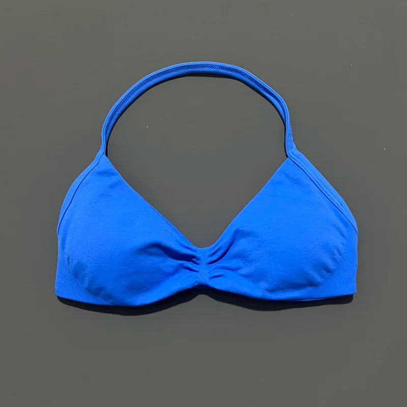 HISTELLO Strappy Bra Gym Top Women High Support Thin Strap Halter Sports Seamless Bras Scrunch Push-up Workout Yoga Tank Tops