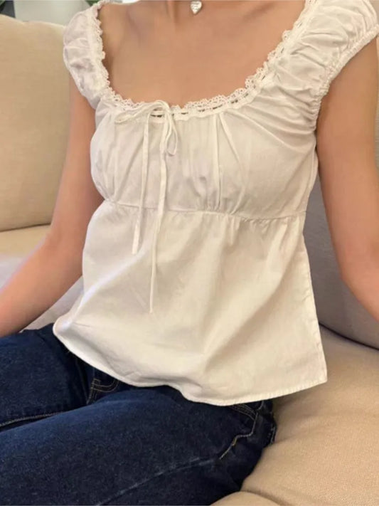 White Lace Tied Square Neck Summer T-shirts Chic Elegant Short Sleeve Tee Cotton Y2K Street Casual Bow Tie-up Top Women