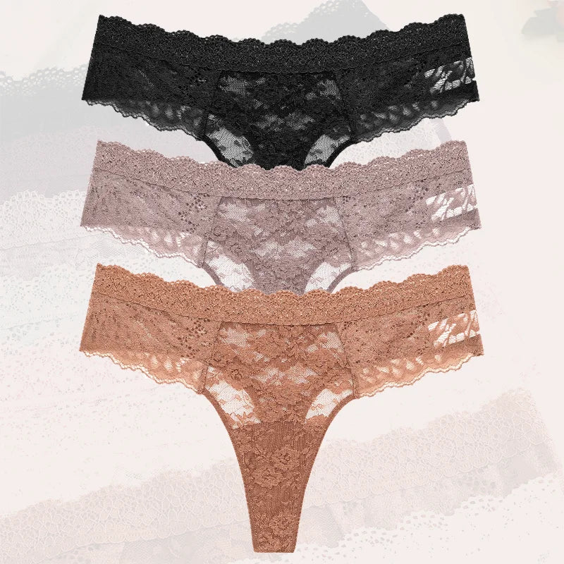 3-Pack Floral Lace Thongs – Soft Low-Rise Seamless Panties