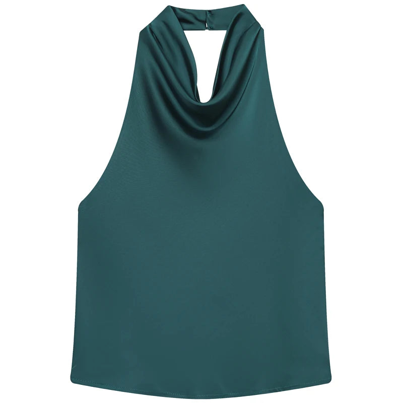 Women's Satin Halter Crop Top — Off-Shoulder Backless Sleeveless Cami