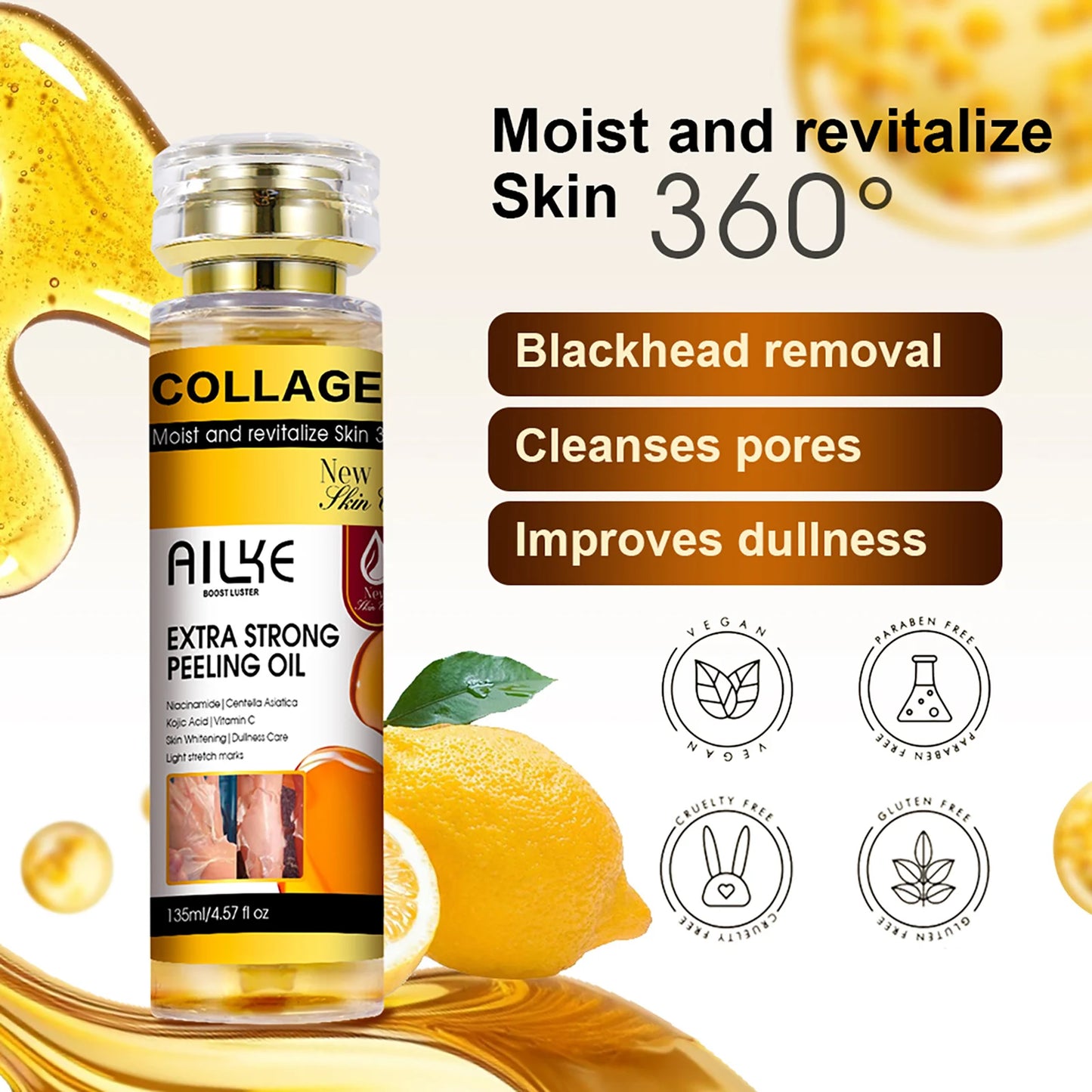 AILKE Collagen & Kojic Acid Peeling Oil 135ml – Whitening, Exfoliating & Brightening for Face, Body, Hands & Feet | All Skin Types