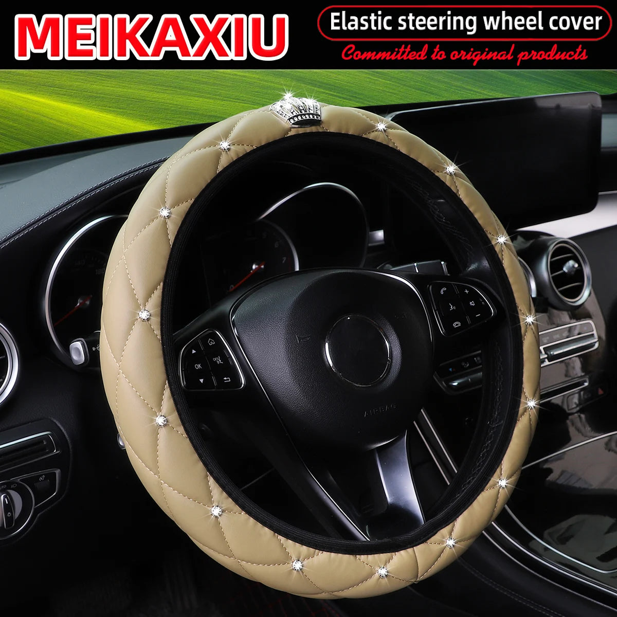 Soft leather diamond-studded crown Blingbling car without inner ring steering wheel cover suitable for 14.5 - 15 inch car access
