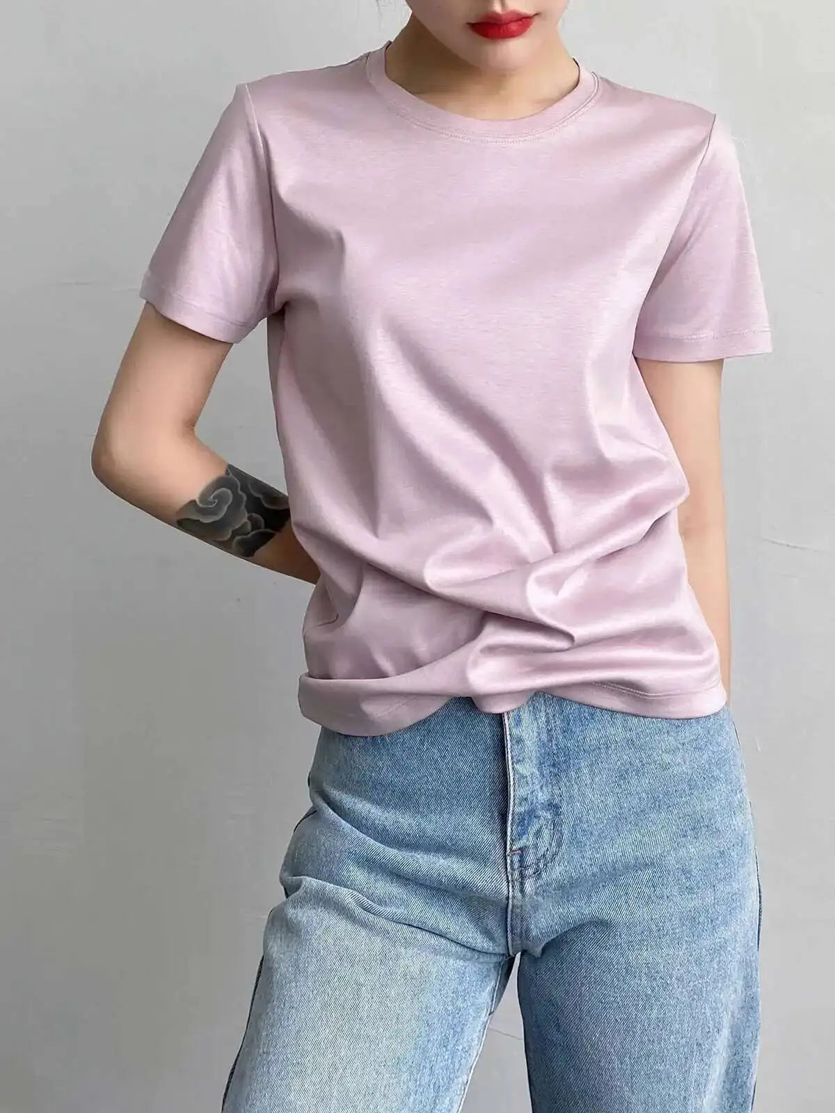 Women's Luxury Mulberry Silk Cotton T-Shirt – Loose Round Neck Short Sleeve Solid Basic Top