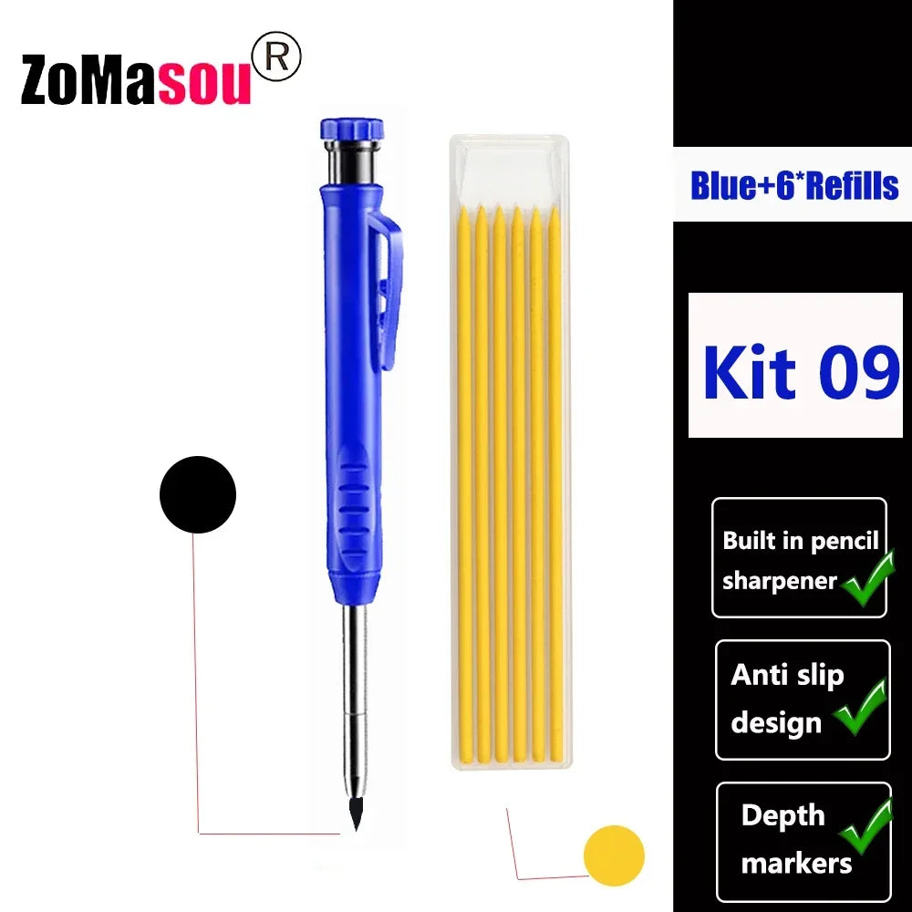 Reuseable Long Head Deep Hole Markers Pen Pencils Solid Carpenter Refill Leads Built-in Sharpener Woodwork Construction Tools
